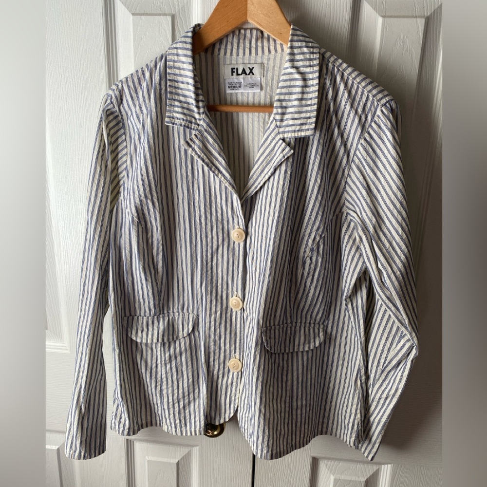 FLAX Medium Blue White Striped Cotton Seersucker Nautical Spring Blazer M